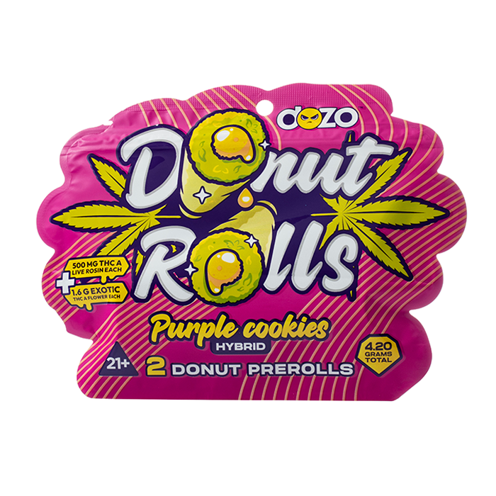 Dozo Donut Rolls Live Rosin + THC-A Exotic flower 2 x Prerolls | 4.2 Gram total - Purple Cookies - Hybrid
