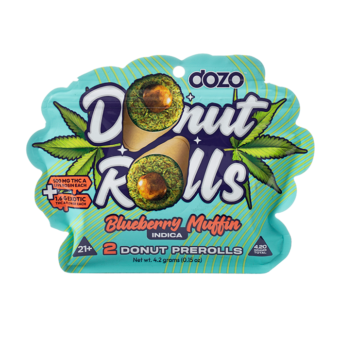 Dozo Donut Rolls Live Rosin + THC-A Exotic flower 2 x Prerolls | 4.2 Gram total - Blueberry Muffin - Indica