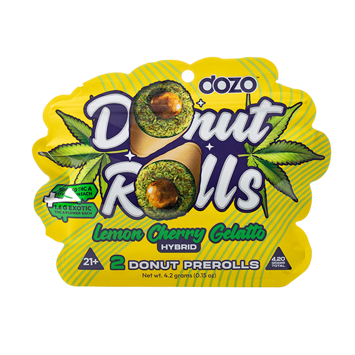 Dozo Donut Rolls Live Rosin + THC-A Exotic flower 2 x Prerolls | 4.2 Gram total - Lemon Cherry Gelato - Hybrid